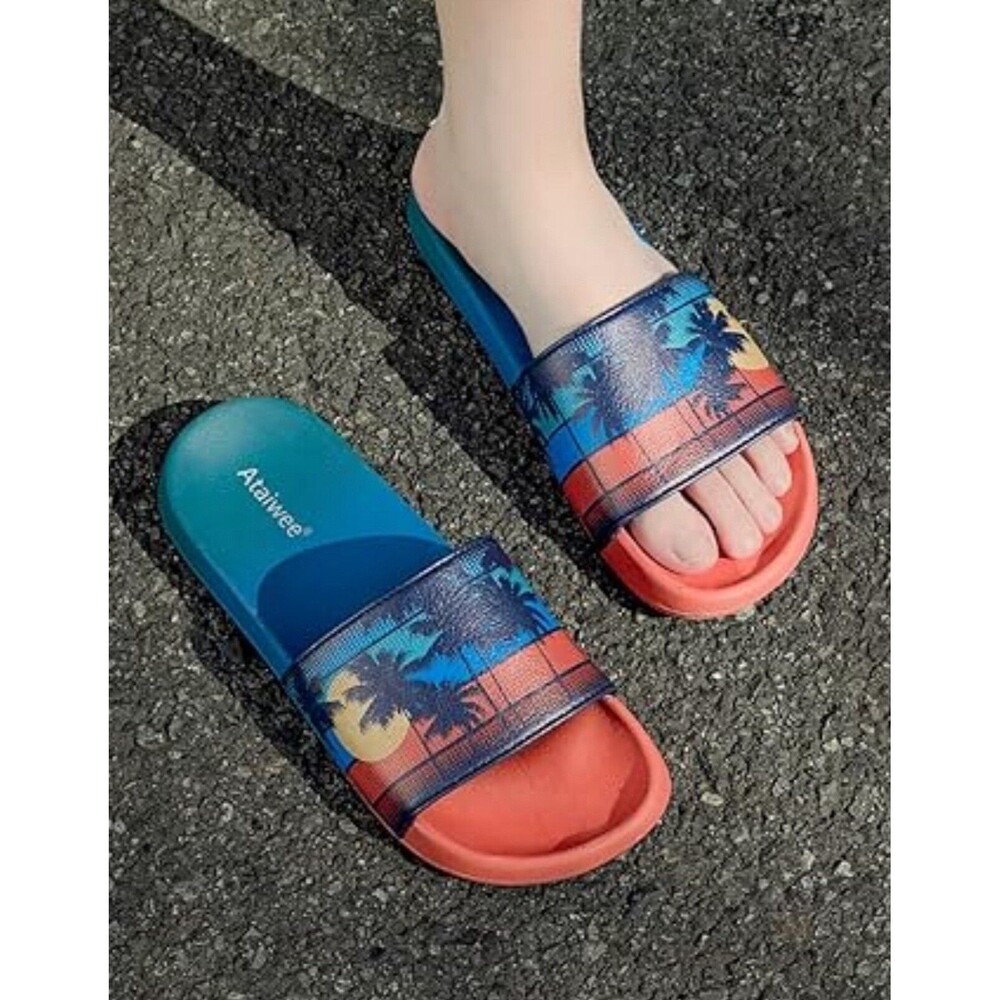 NEW Beach Slides Sandals Size 11 Sunset Palm Tree Blue Slip On Comfort Unisex